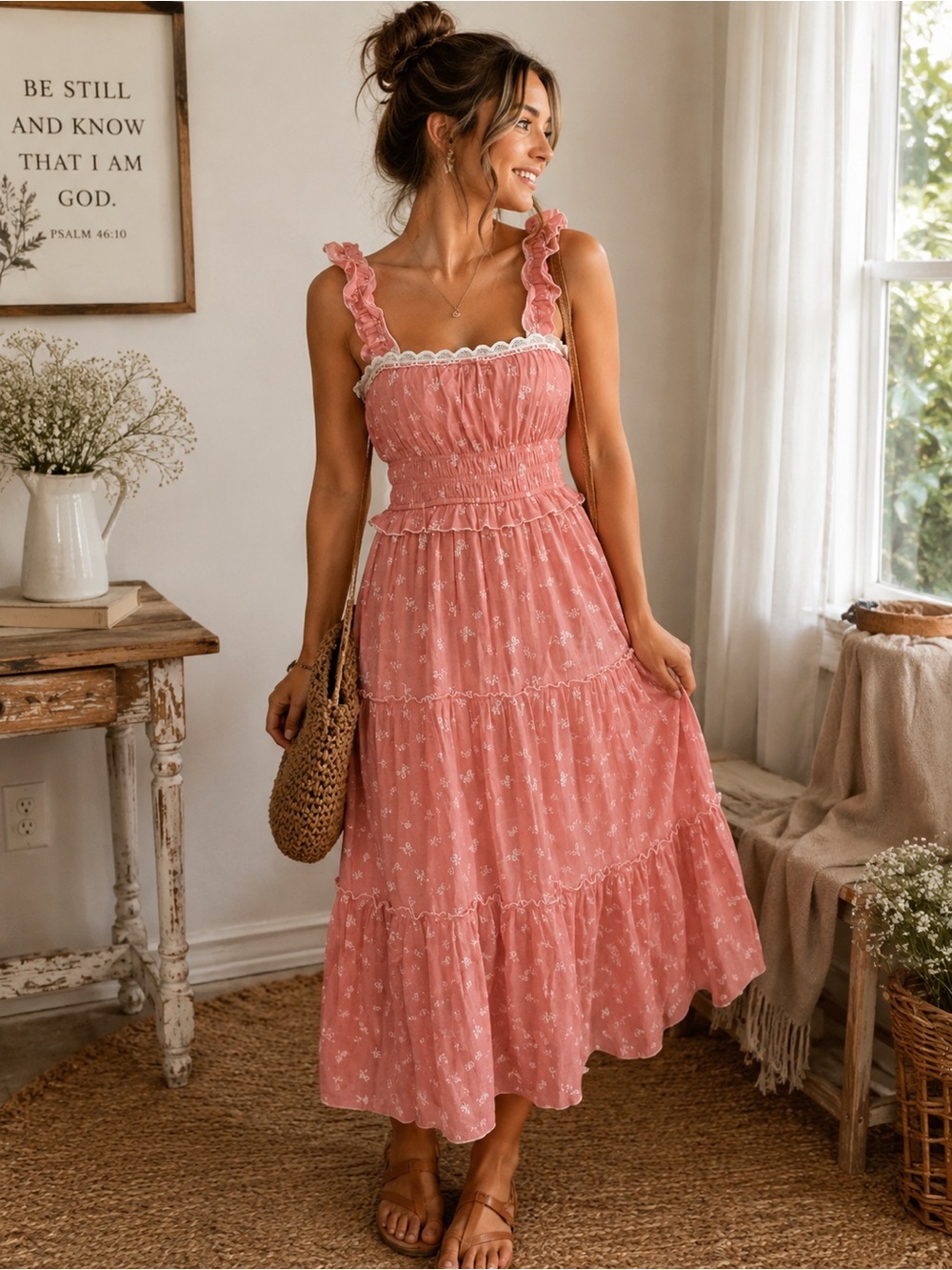 Cottagecore Pink Floral Smocked Ruffle MIDI Dress Romantic Prairie Boho